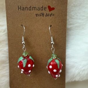 Handmade Strawberry Lampwork Glass Dangle Earrings